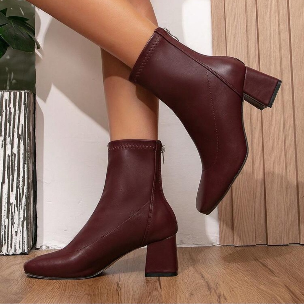 𝗡𝗪𝗢𝗧: Fashion Faux Leather Zipper Ankle Boots Elegant Burgundy Ankle Boots - Picture 4 of 16